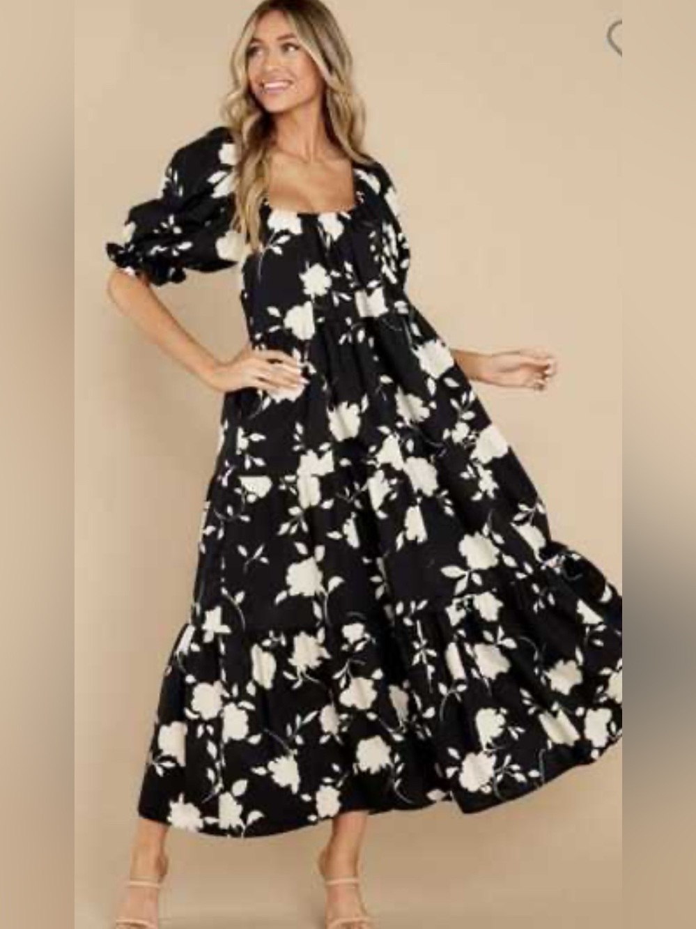 Sofie the label Women's Black Floral Tiered Maxi Dress - Elegant Square Neck